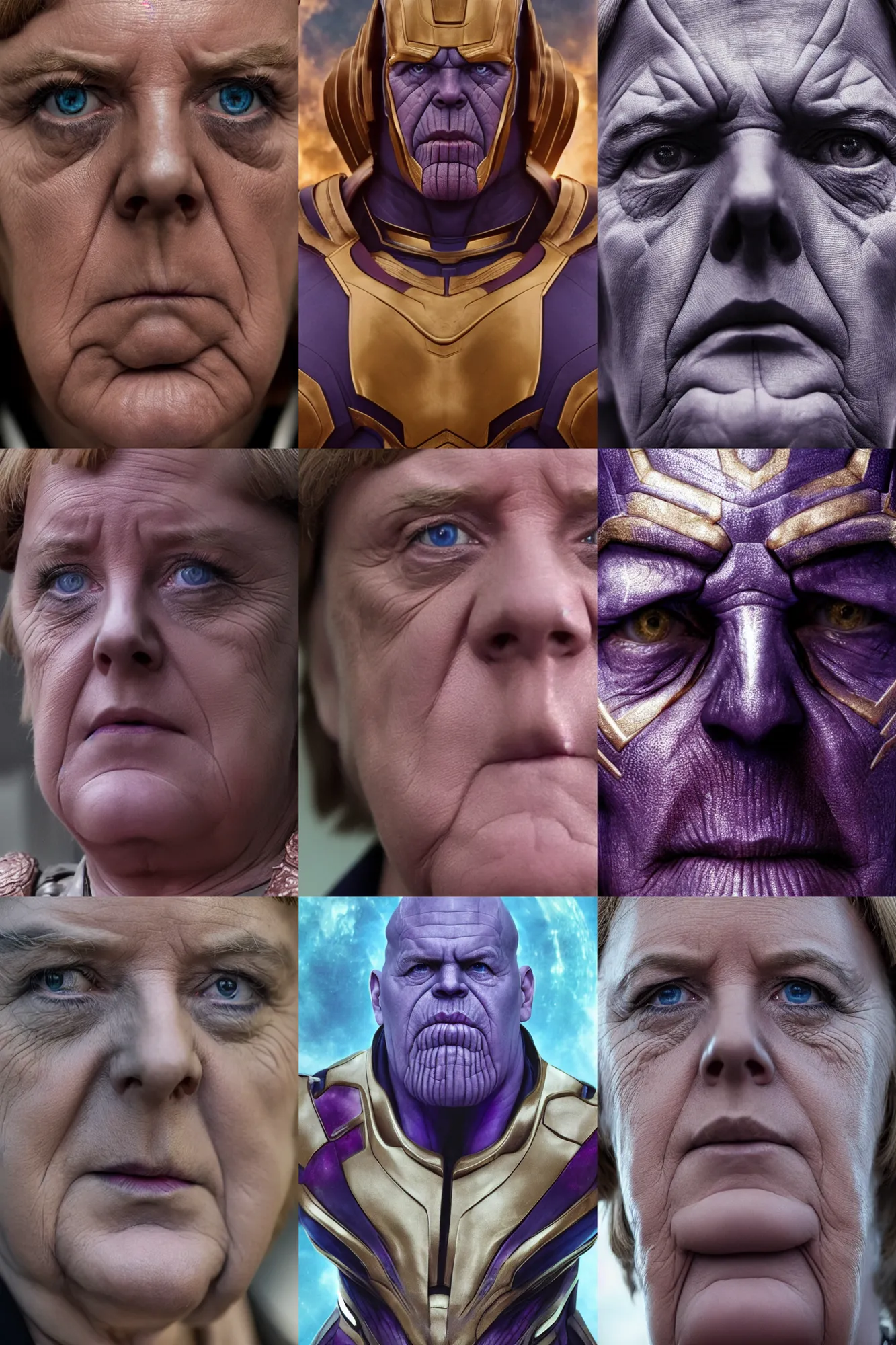 Prompt: close-up, symmetrical, portrait of Thanos (Played by Angela Merkel) in The Avengers movie DVD, 8K