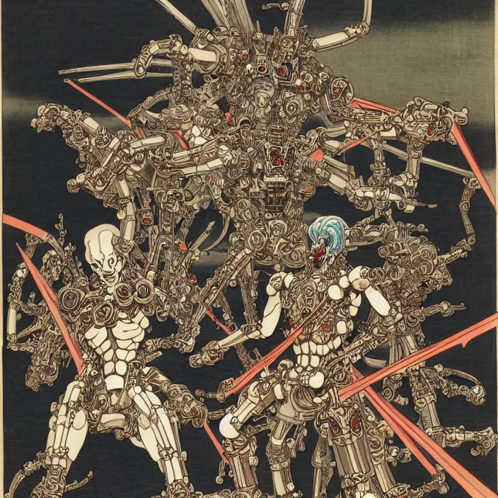 Image similar to still frame from Prometheus by Utagawa Kuniyoshi, lich Dr doom in ornate bio cybernetic bone armour fighting with mecha angels by Wayne Barlowe by peter Mohrbacher by Giger, dressed by Alexander McQueen and by Neri Oxman, metal couture hate couture editorial