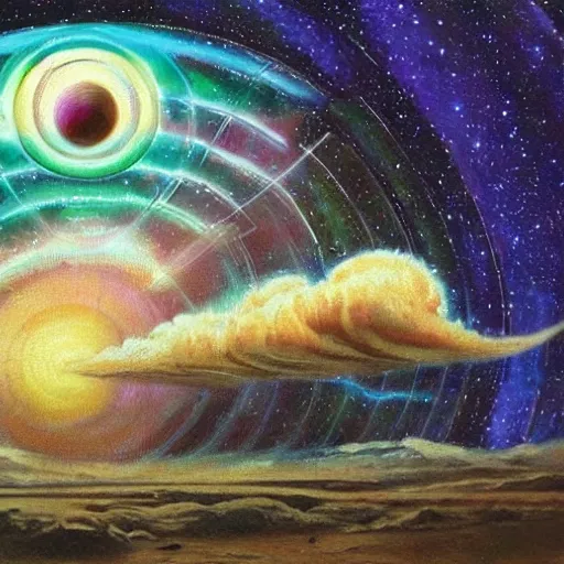 Image similar to alan watts on lsd, oil painting, space, planets, smoke, dreamy