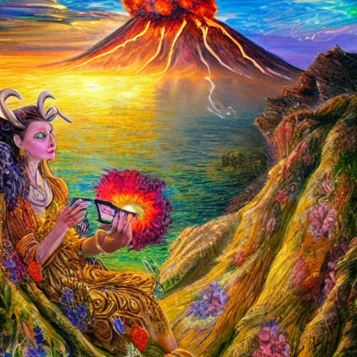 Image similar to painting by senior concept artist josephine wall, horned ram goddess checking her cell phone, erupting volcano and sunset in distance in background, flowers in foreground, trending on artstation, zodiac, fantasy, acrylic on canvas, intricately detailed, highly detailed, high resolution, 8 k,