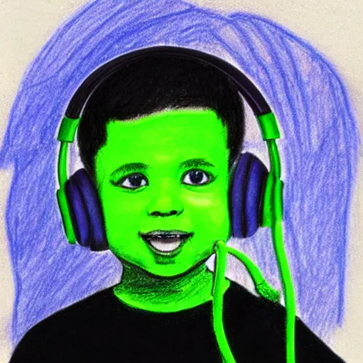 Image similar to crayon drawing of a kid with green headphones drawn by a 6 year old, photorealistic