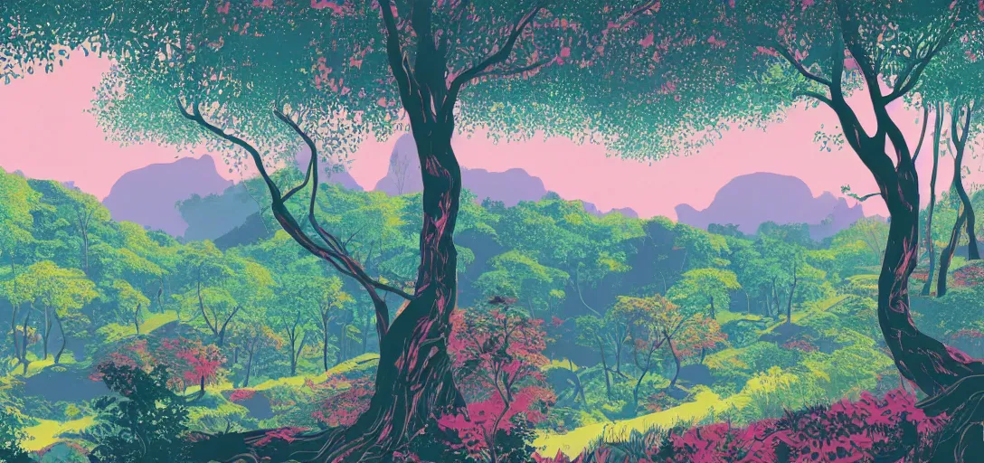 Prompt: a forested landscape, large hanging tree canopies, pink light on the horizon, mountains, vast foliage by eyvind earle, highly detailed, volumetric lighting