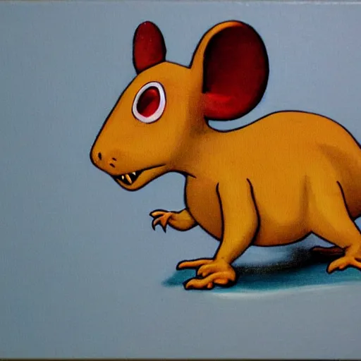 Image similar to dinosaur mouse, scary pose, retro painting