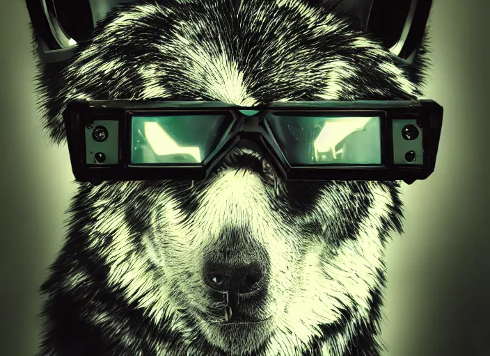 Prompt: portrait of cybernetic wolf with cyberpunk glasses, reflective lens, mechanical parts, neon wires, dark fur, closeup portrait, editorial photography, award winning, establishing shot, dark mood, dark sci fi