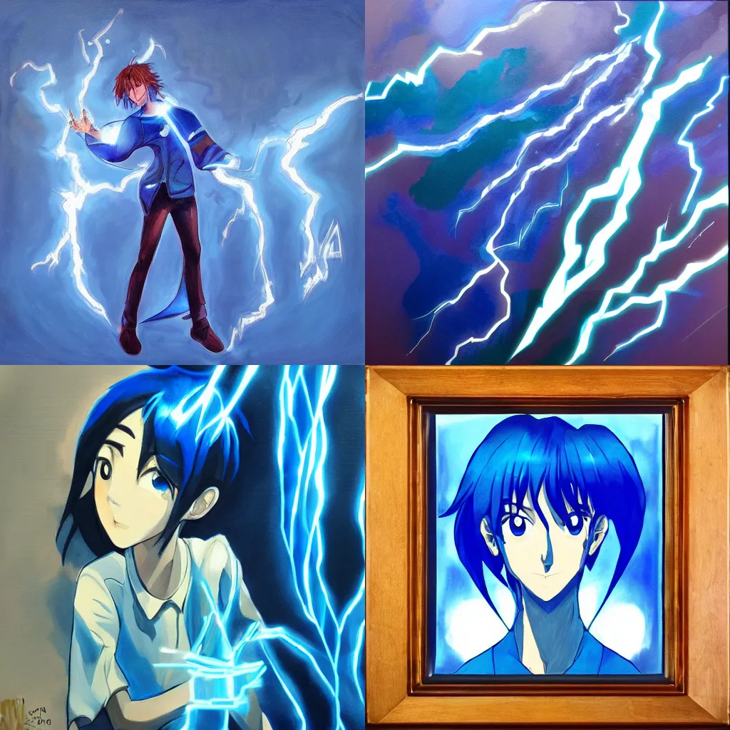 Prompt: All at once I found myself to be like a bolt of blue lightning, the shinkai blue album, oil and unreal engine painting, Kiraku Yumeno's Song