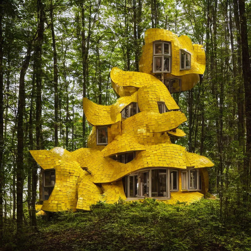 Image similar to a tiny tiny house in a light forest, designed by Frank Gehry. Tiles. Film grain, cinematic, yellow hue