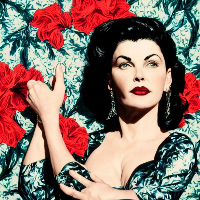 Image similar to a portrait of sherilyn fenn, dramatic, fantastic, dreamy, by kehinde wiley, by gillian wearing