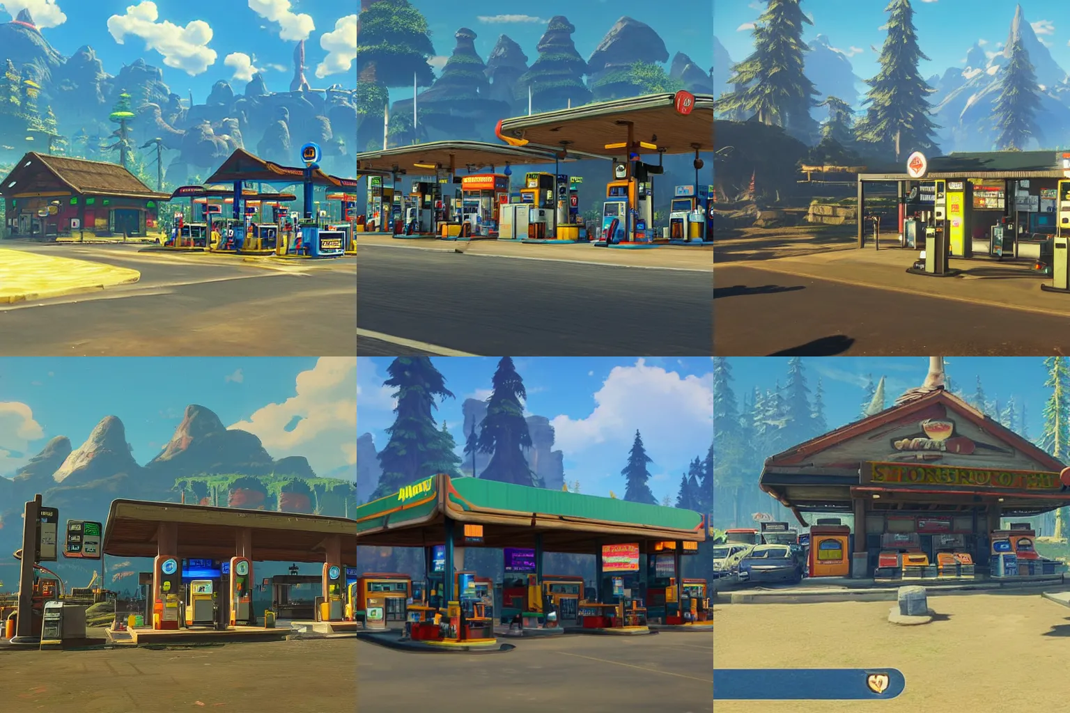 Prompt: Screenshot of a petrol station in Breath of the Wild