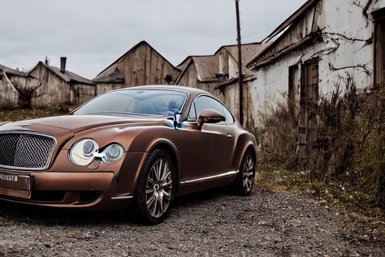 Image similar to rusty Bentley Continental GT drives along the road of an old Russian village with houses at the edges