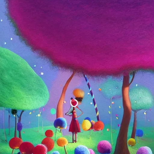 Image similar to a black girl with a colorful afro and rainbow eyes, in a candy forest! at night, bokeh, bright colours, watercolor, volumetric wool felting, macro photography, children illustration, by goro fujita