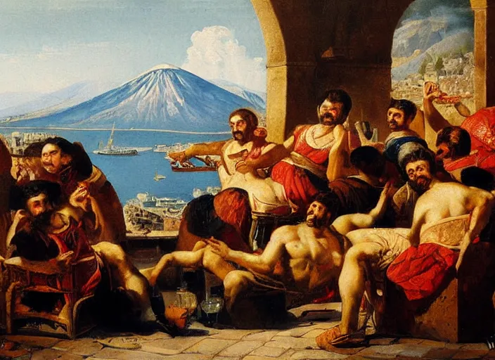 Prompt: detailed painting of average greeks drink wine and have fun against the backdrop of mount vesuvius starting to erupt by brullov