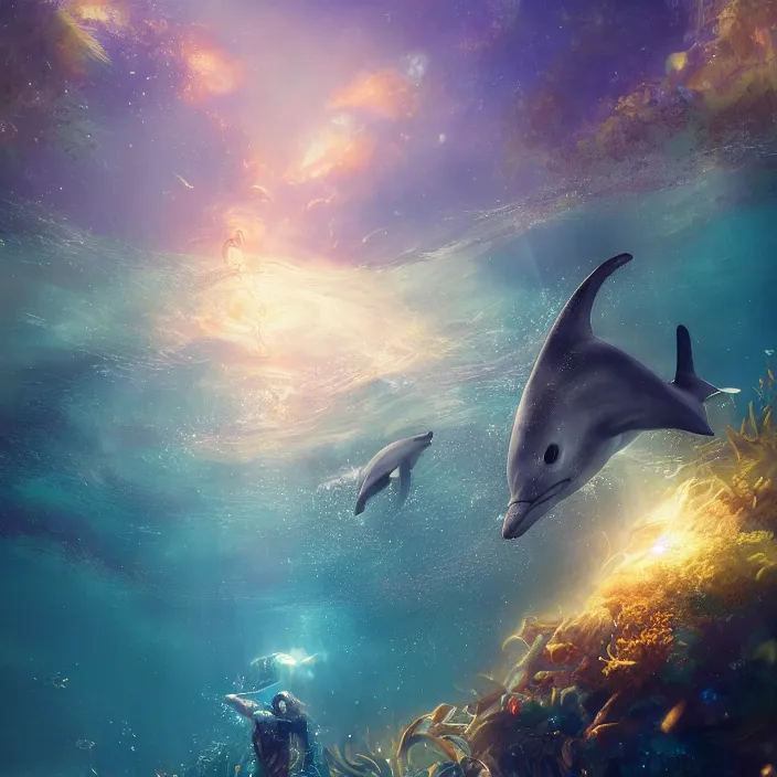 Image similar to dolphin swimming underwater, golden hour, god rays, coral reef, dreamscape by artgerm and ruan jia and ismail inceoglu and greg olsen, cosmos, milky way galaxy, masterpiece, beautiful, intricate, elegant, highly detailed, palm trees