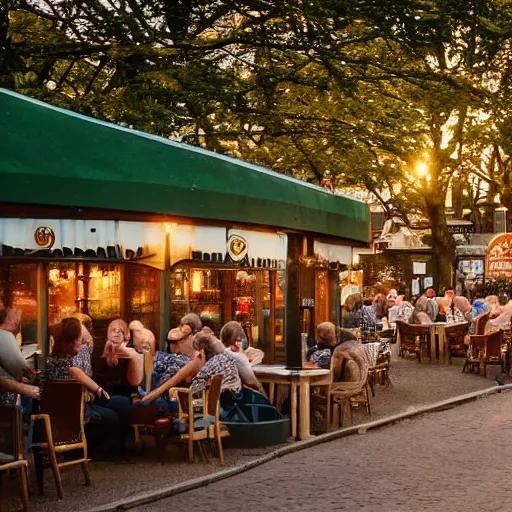 Prompt: an english pub garden at golden hour, people are drinking pints of lager and smoking cigarettes