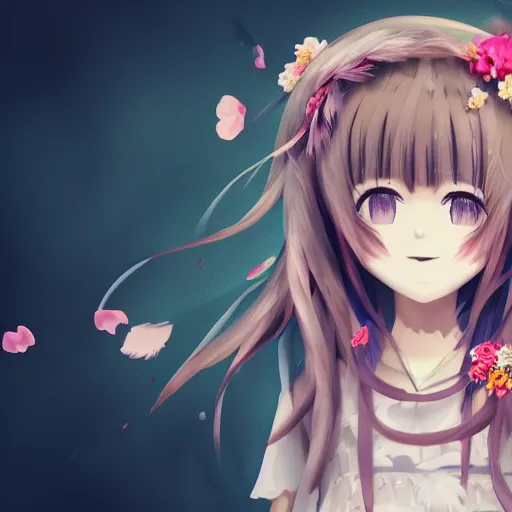 Prompt: little girl with flowers in hair wearing an dress made of feathers, anime style, 8 k, cgi, concept art