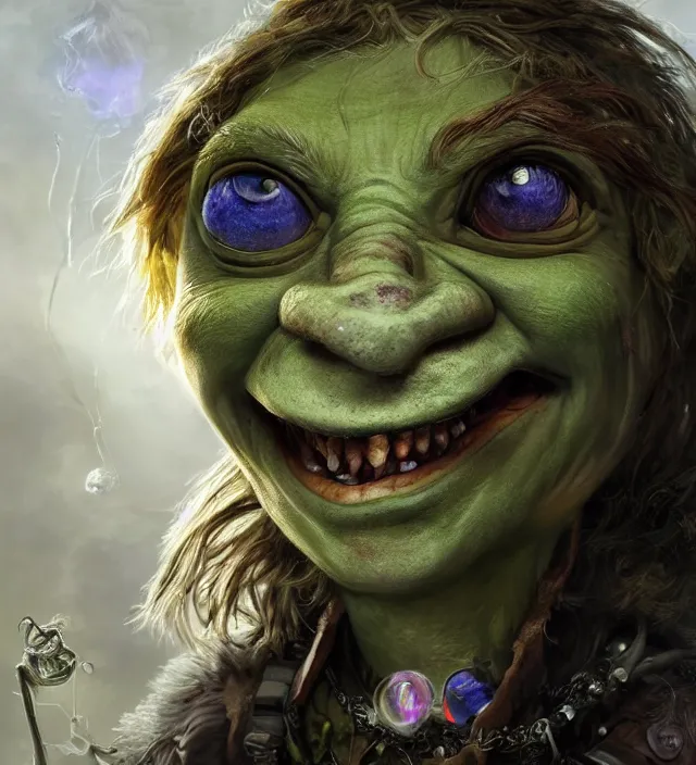 Prompt: hyper realistic portrait of postapocalyptic evil smiling grining muppet - like elf goblin, glass beads, clay amulets, magic artifacts, trinkets, cinematic, symmetric, dark crystal, artstation, cgsociety, alan lee, jean baptiste monge, scott radke