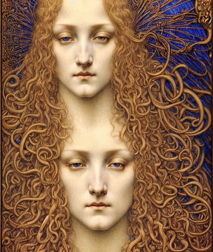 Image similar to detailed realistic beautiful young medieval queen face portrait by jean delville, gustave dore and marco mazzoni, art nouveau, symbolist, visionary, gothic, pre - raphaelite. horizontal symmetry