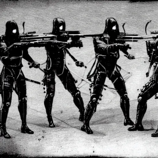 Prompt: grainy 1800s photo of a cybernetic warriors killing civilians with laser weapons