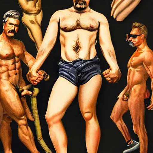 Prompt: lgbt art, tom of finland style, stalin, love with lenin, in billy herrington body, in gym, art in 4 k, high quality