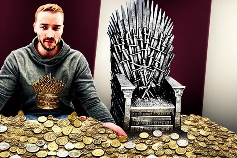 Image similar to man sitting, on a throne made of money, coins and dollars, in the style of game of thrones