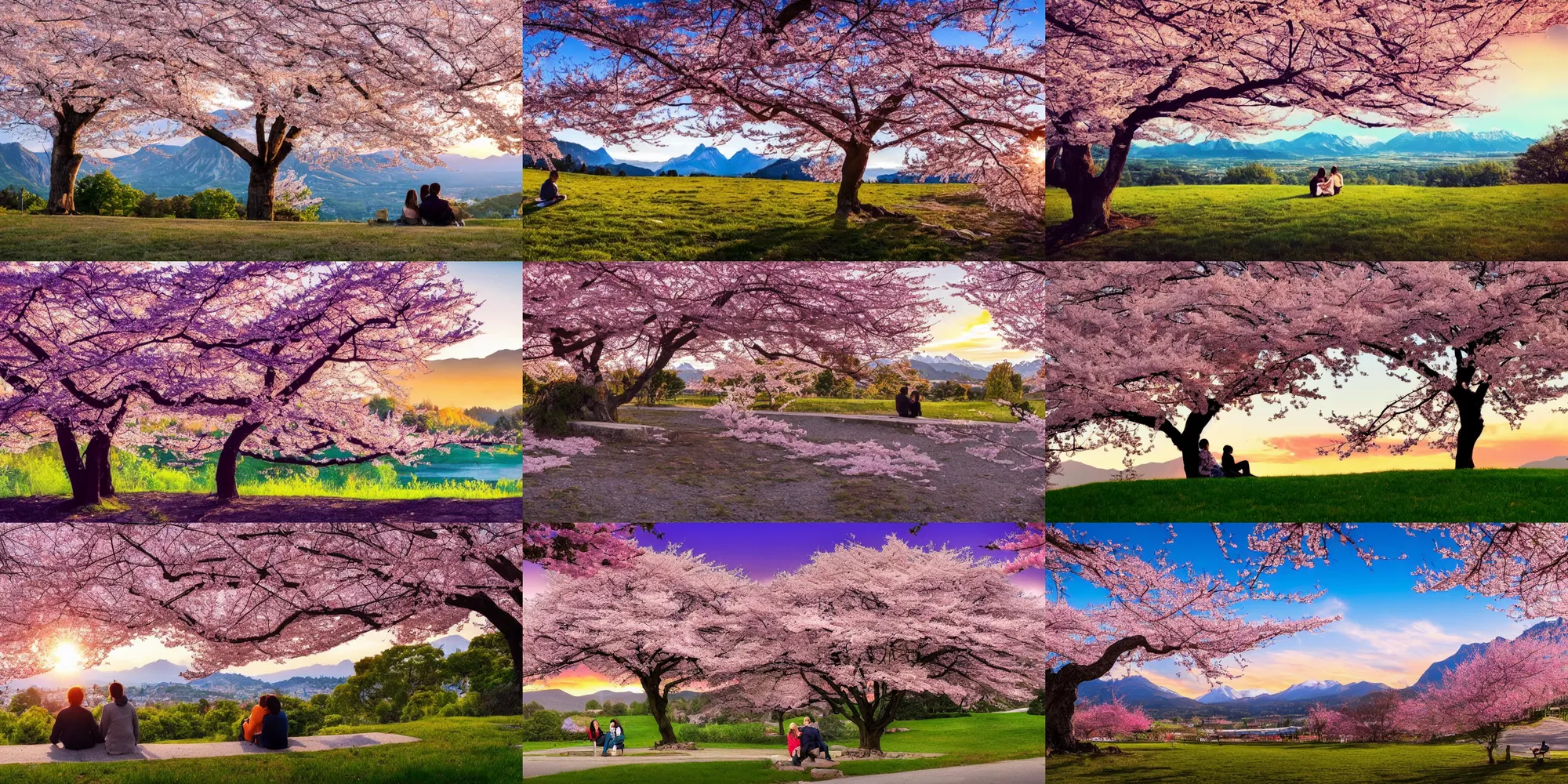 Prompt: A beautiful landscape, trees with cherry blossoms in the foreground, mountains and sunset in the background. Under a tree sits a young couple, anime styke