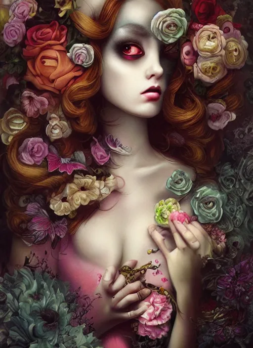 Image similar to pop surrealism, lowbrow art, realistic cute dress fashion painting, japanese street fashion, hyper realism, muted colours, rococo, natalie shau, loreta lux, tom bagshaw, mark ryden, trevor brown style,