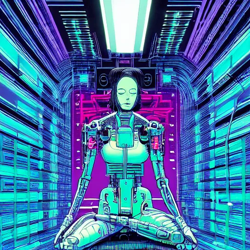 Image similar to a portrait of a beautiful cybernetic woman meditating, wires, cyberpunk concept art by josan gonzales and philippe druillet and dan mumford and enki bilal and jean claude meziere