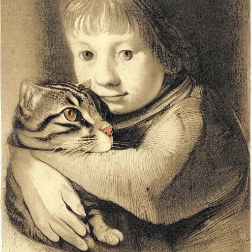 Prompt: a portrait of a tabby femle cat with a child's body by Rembrandt