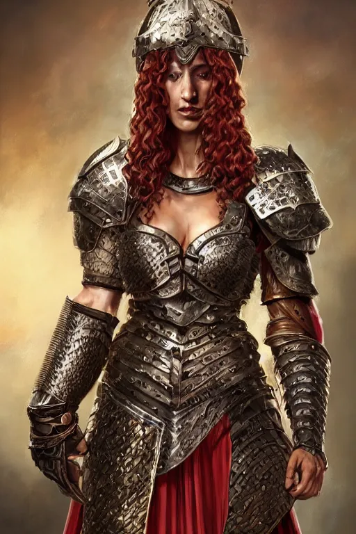 Image similar to full body portrait of a rugged female warrior short length red curly hair and a very highly detailed face wearing elegant obsidian, sliver and gold plate mail armor intricately painted, holding a circular shield and an ancient long sword, very highly detailed, artstation, cgsociety, realistic character concept art, sharp focus, by greg rutkowski, artgerm, and alphonse mucha