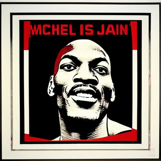 Prompt: Portrait of Michael Jordan raising his fist by Shepard Fairey