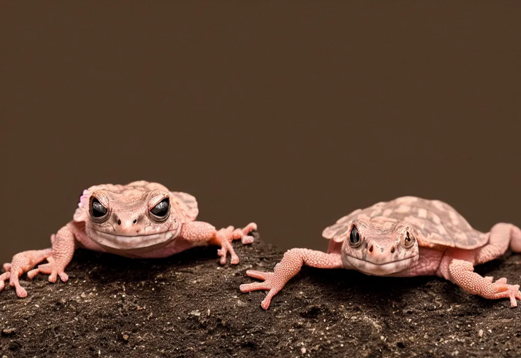 Prompt: Photo of a young New Zealand pink gecko tortoise, cute, nature photography, National Geographic, black background, 4k, award winning photo