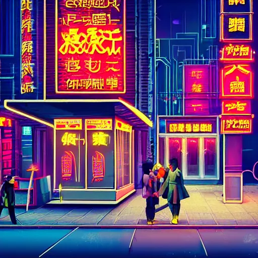 Prompt: cyberpunk street corner at night with neon signs in chinese, a McDonald's restaurant, people walking the street in the style of Edward Hopper