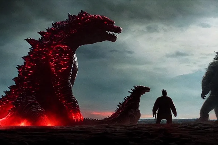 Image similar to two godzillas sitting in the living room couch playing playstation, cinematic, epic lighting, still shot from the new godzilla movie