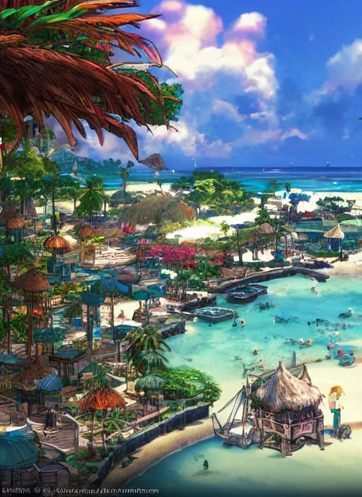 Image similar to Fantasy tropical port town view of the beach. hidari, color page, tankoban, 4K, tone mapping, Akihiko Yoshida.