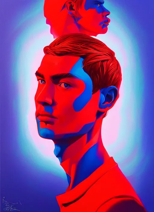 Image similar to red and blue color theme, beautiful hyperrealisitic portrait of burning police officer, tristan eaton, victo ngai, artgerm, rhads, ross draws