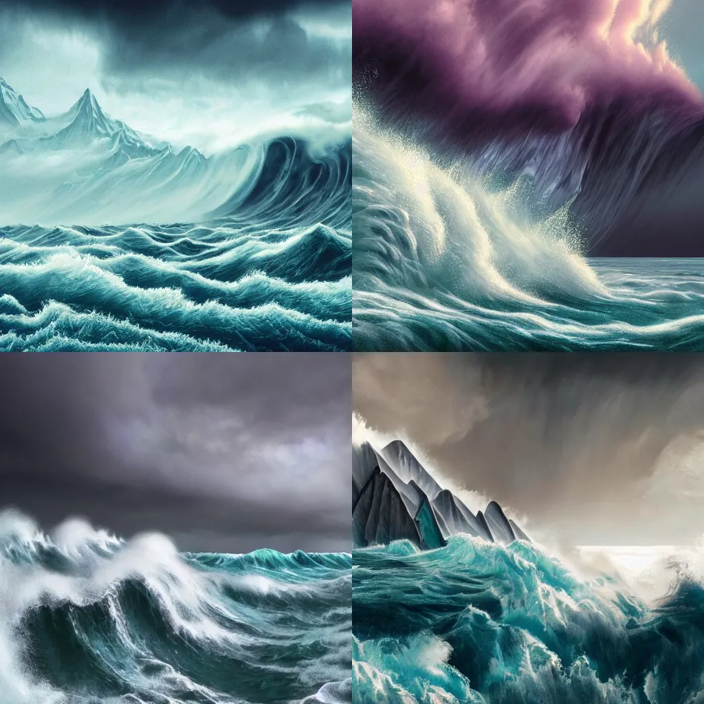 Prompt: beautifully strange photo illustration of mountains in broad daylight floating above a stormy ocean sea with huge waves, beautiful, deep colors, bright, amazing, gorgeous, wonderful, Hyper detailed digital matte painting, concept art, hyperrealism, Cinema 4D, 8k resolution, 64 megapixels, coherent, CGSociety, ZBrush Central, behance HD, hypermaximalist, a masterpiece