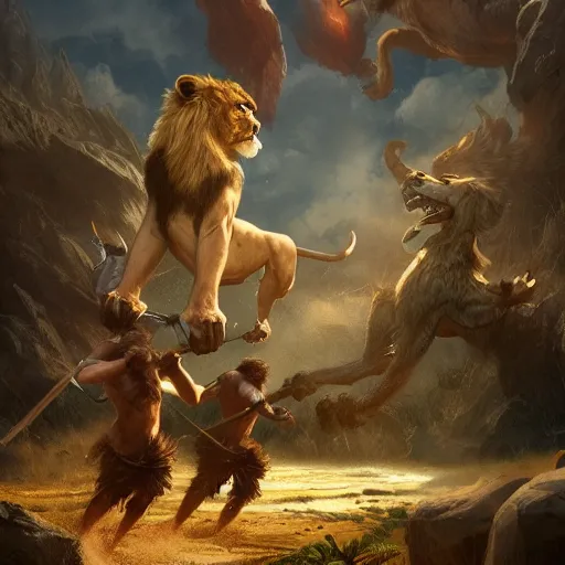 Prompt: cavemen fighting a giant lion with wings, matte painting in the style of greg rutkowski and james gurney, trending on Artstation, digital art