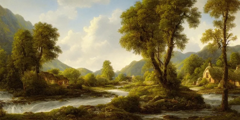 Prompt: a beautiful landscape painting of a cottage by a river in a valley, by john glover, oil on canvas, highly detailed, hd, 4 k