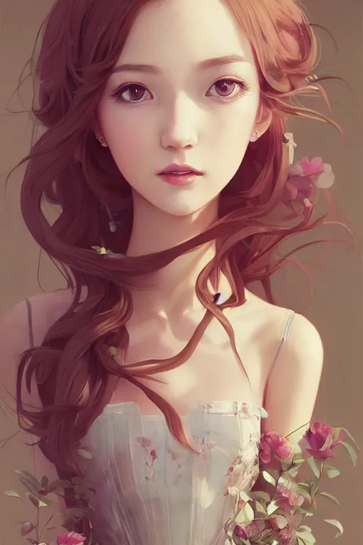 Image similar to romantic and fashion and love princess of the flower with sheath dress, 8 k realistic, teenager girl, baroque, symmetrical, flowing hair, smile, trending pinterest and pixiv, muted colors, hyperrealistic, l close up shot, character concept art, face by kyoung hwan kim, alexandra fomina, ilya kuvshinov