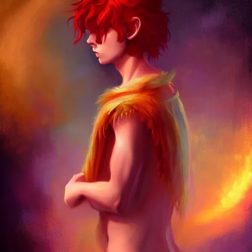 Prompt: colorful and Festive Captivating Fairy teenager boy with red hair, atmospheric lighting, painted, intricate, highly detailed by Charlie Bowater