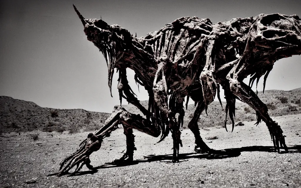 Image similar to in the desert a bloody gross horrifying The Thing creature made of muscle and bone and blood stares at the camera, eating, there is a pool of blood on the ground, it walks on two legs, like a skinwalker, mid day, 35mm photography, realistic,