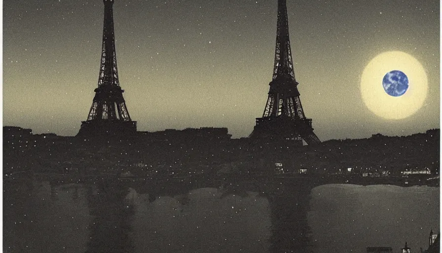 Image similar to eiffel tower under moonlight, by hasui kawase, silent, loneliness, cinematic composition