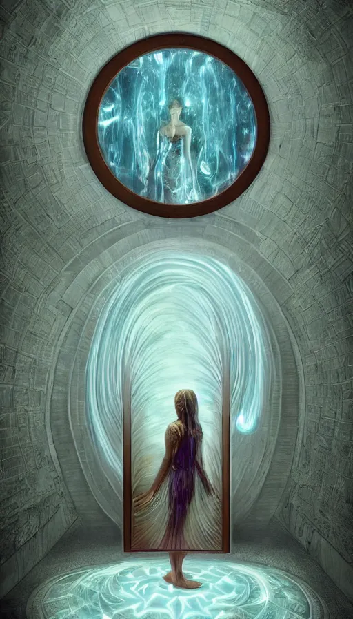 Prompt: goddess of illusion, beautiful, stunning, breathtaking, mirrors, glass, magic circle, magic doorway, fantasy, mist, bioluminescence, hyper - realistic, unreal engine, by dan witz