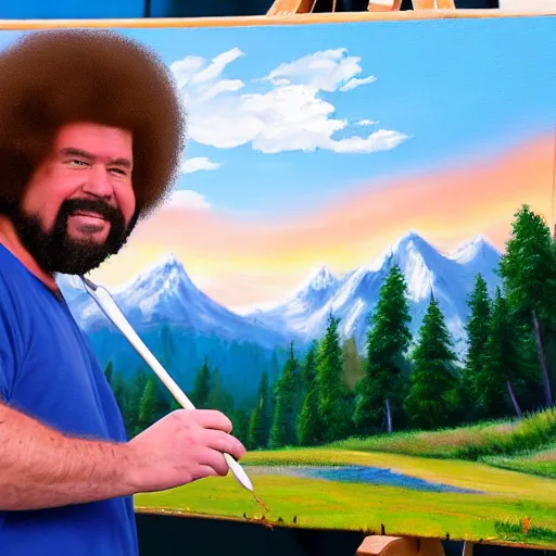 Prompt: a closeup photorealistic photograph of bob ross adding the finishing touches to a canvas painting of kenny powers. mountains and trees. film still. brightly lit scene. this 4 k hd image is trending on artstation, featured on behance, well - rendered, extra crisp, features intricate detail, epic composition and the style of unreal engine.