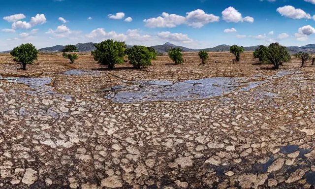 Prompt: beautiful panorama of many magnificent big raindrops flying upwards into the perfect cloudless blue sky from a dried up river in a desolate land, dead trees, blue sky, hot and sunny highly-detailed, elegant, dramatic lighting, artstation, 4k, cinematic landscape, masterpiece photograph by Elisabeth Gadd