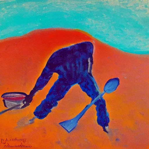Image similar to a fauvist painting of a man deep in a hole on the beach, with a shovel, after sunset,