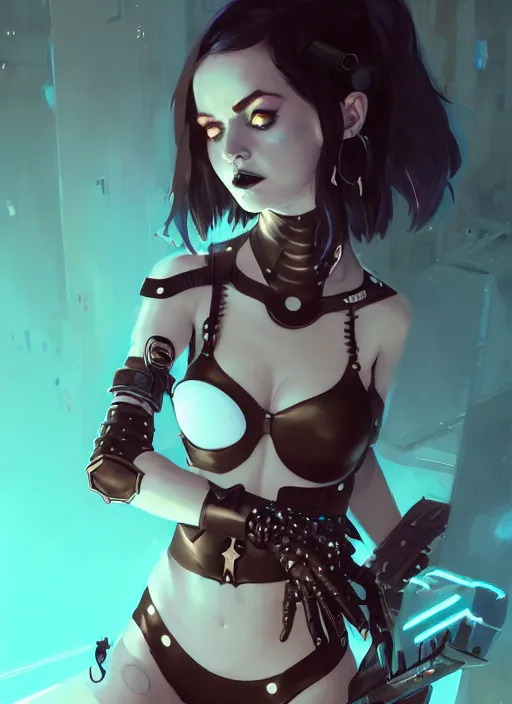 Image similar to portrait of cute goth girl in cyber bikini armor, warhammer, cyberpunk, by atey ghailan, by greg rutkowski, by greg tocchini, by james gilleard, by joe fenton, by kaethe butcher, by gustav klimt, dynamic lighting, gradient light blue, brown, blonde cream and white color in scheme, grunge aesthetic