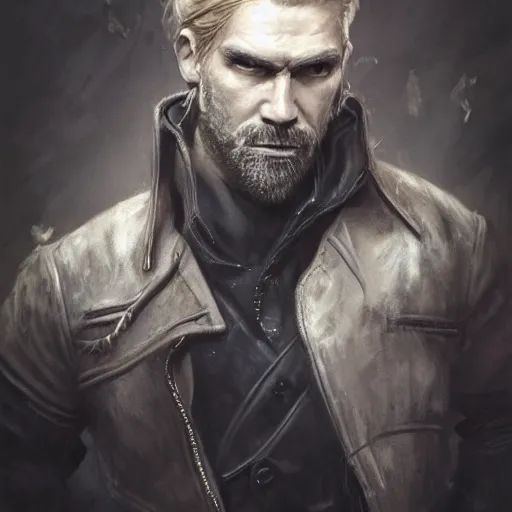 Image similar to portrait of a muscular, grim, ponytail haired blonde man in his late 30's, wearing a thick brown leather coat, looking to his side, scarred face, hunter, DnD character, fantasy character, dramatic lighting, high detail, graphite black and white by Ruan Jia, Krenz Cushart, Rossdraws and Boris Vallejo