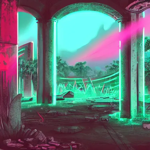 Image similar to neon ancient ruins,digital art retrowave art,trending on art station