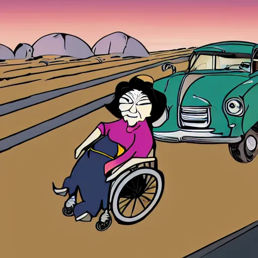 Prompt: Old woman in a wheelchair is chased by the police at very high speed. police cars in the background chasing the woman. texas desert. looney tunes style. cartoon.