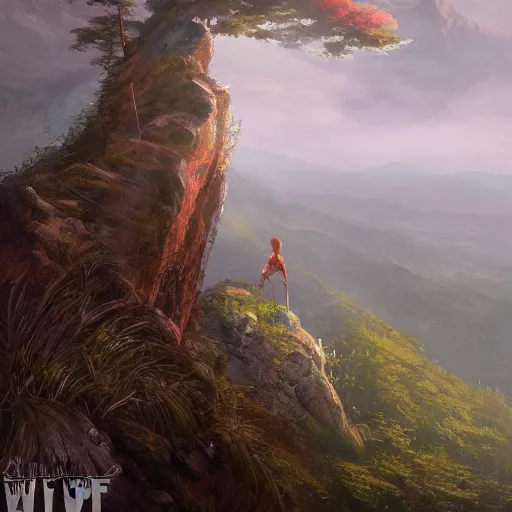 Prompt: a warrior standing on a cliff looking down to the beautiful sight of forest, trending on artstation, realistic, sharp, bold